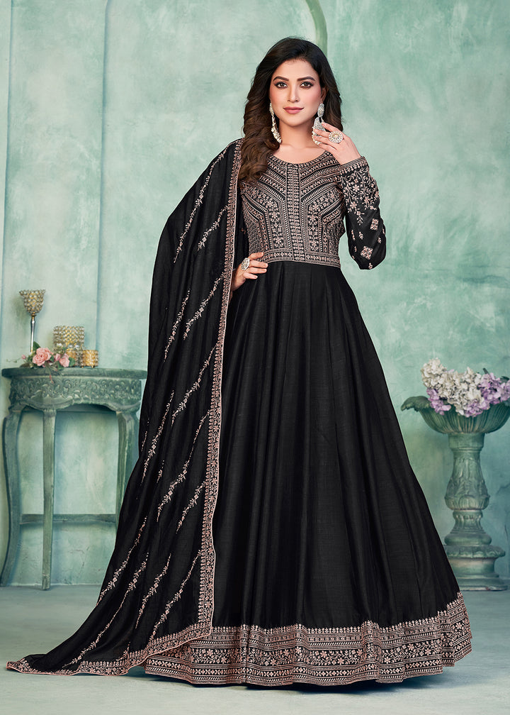 Buy Now Tempting Black Art Silk Festive Style Anarkali Suit Online in USA, UK, Australia, New Zealand, Canada & Worldwide at Empress Clothing.
