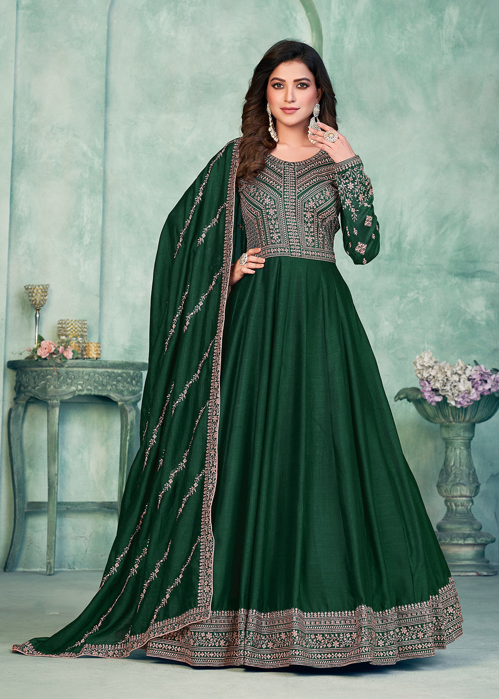 Tempting Green Art Silk Festive Style Anarkali Suit