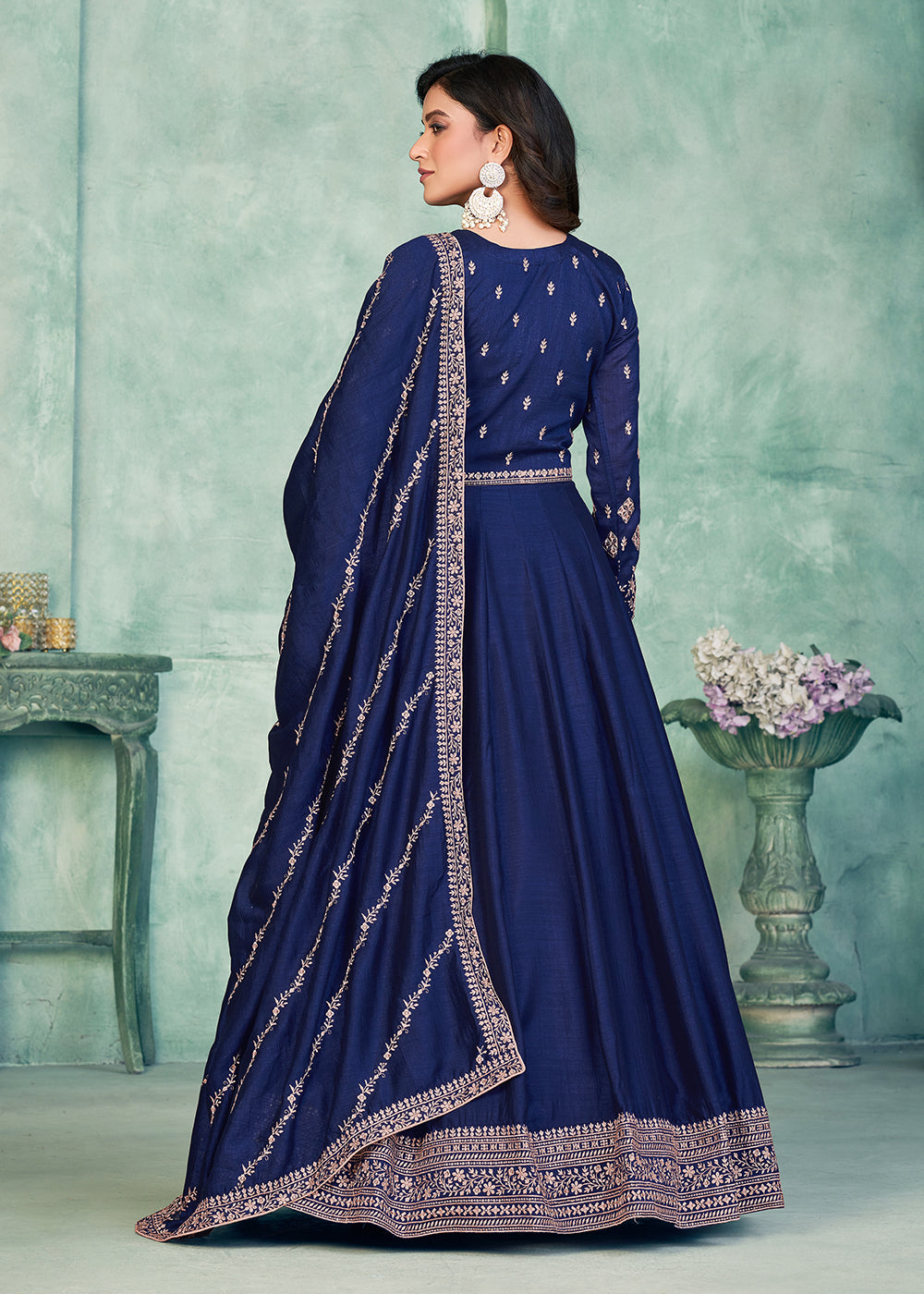 Tempting Navy Blue Art Silk Festive Style Anarkali Suit