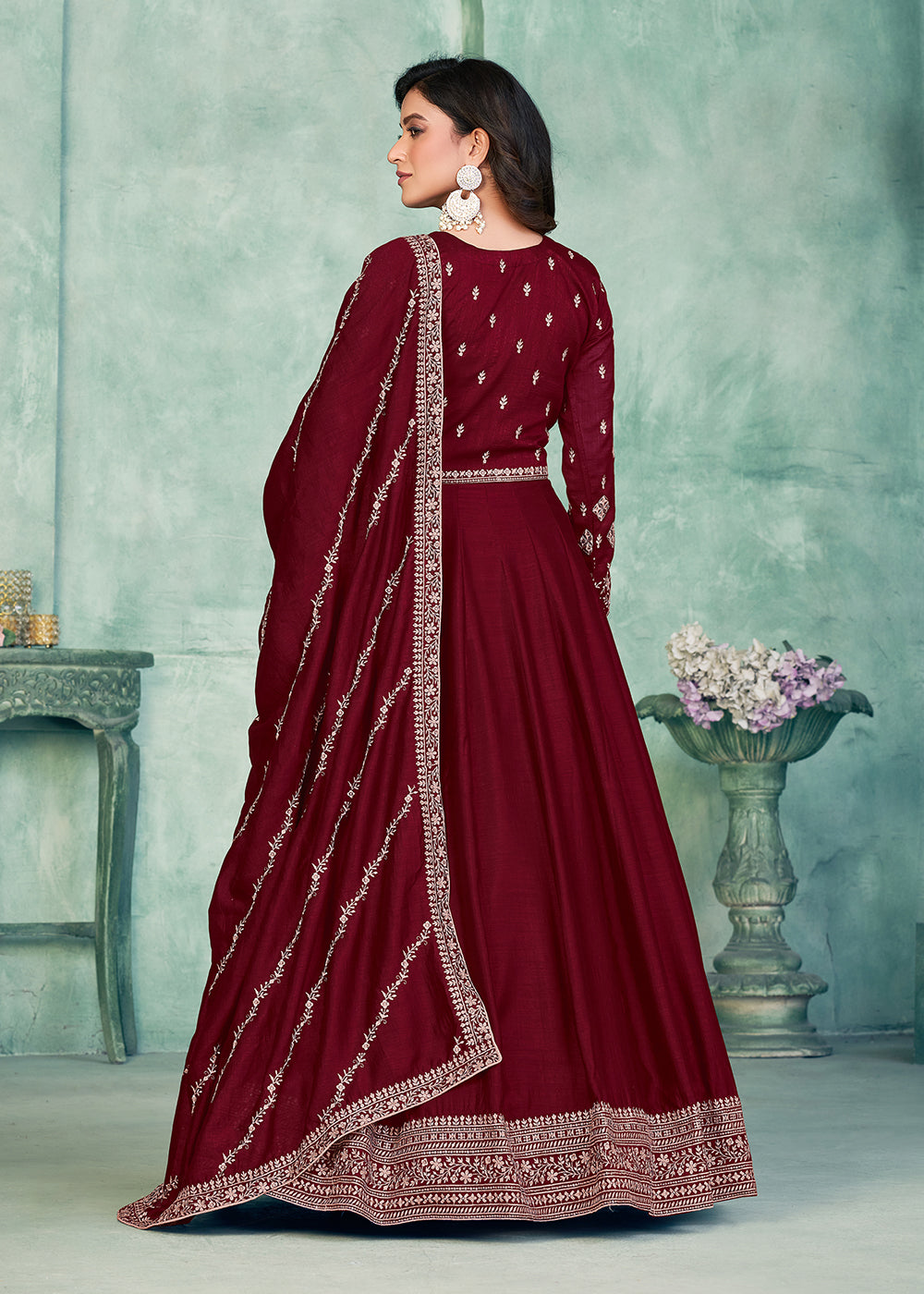 Tempting Maroon Art Silk Festive Style Anarkali Suit