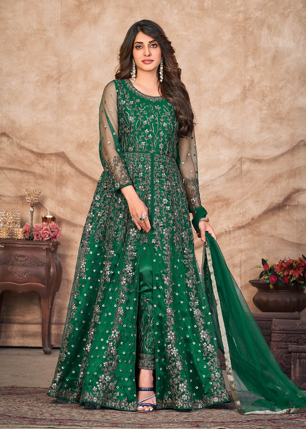 Buy Now Emerald Green Net Embroidered Pant Style Anarkali Suit Online in USA, UK, Australia, New Zealand, Canada & Worldwide at Empress Clothing. 