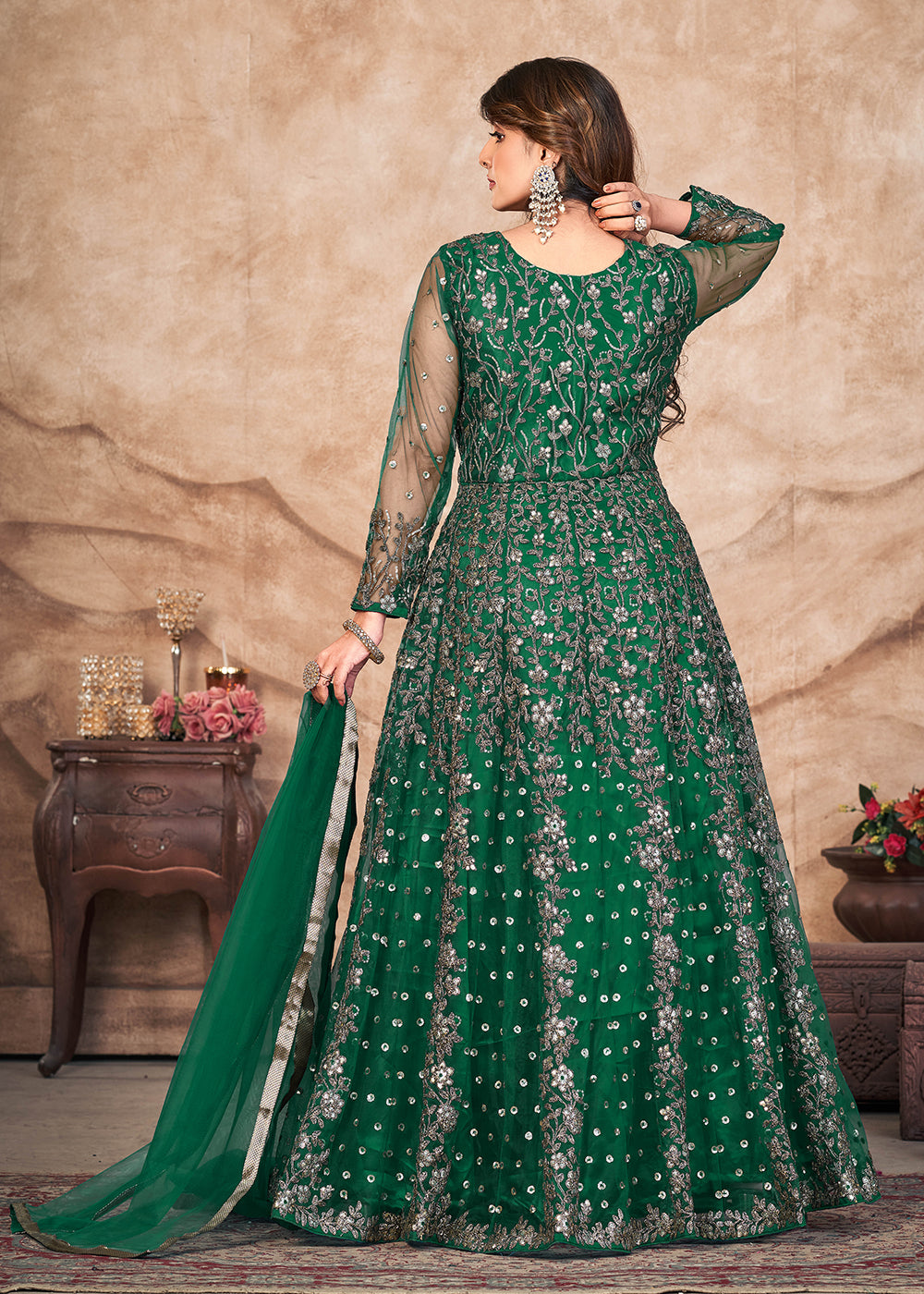 Buy Now Emerald Green Net Embroidered Pant Style Anarkali Suit Online in USA, UK, Australia, New Zealand, Canada & Worldwide at Empress Clothing. 
