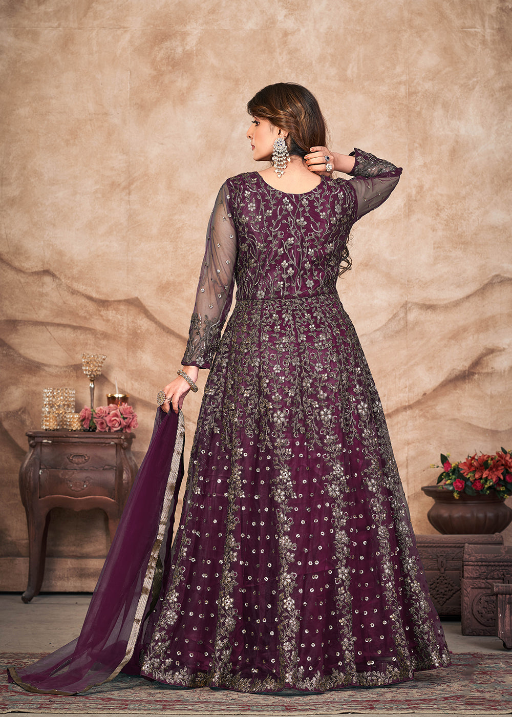 Buy Now Plum Wine Net Embroidered Pant Style Anarkali Suit Online in USA, UK, Australia, New Zealand, Canada & Worldwide at Empress Clothing. 