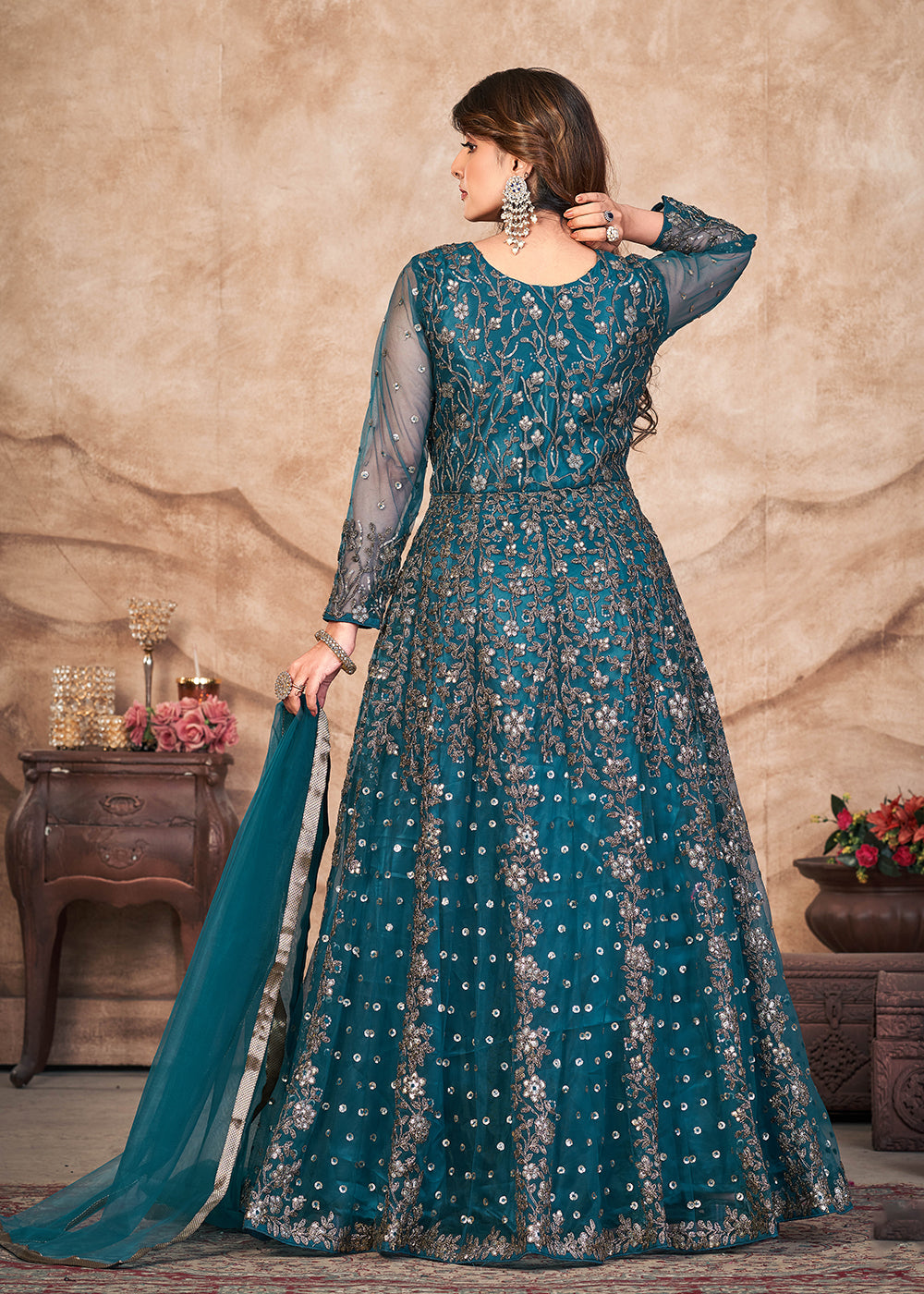 Buy Now Peacock Blue Net Embroidered Pant Style Anarkali Suit Online in USA, UK, Australia, New Zealand, Canada & Worldwide at Empress Clothing. 