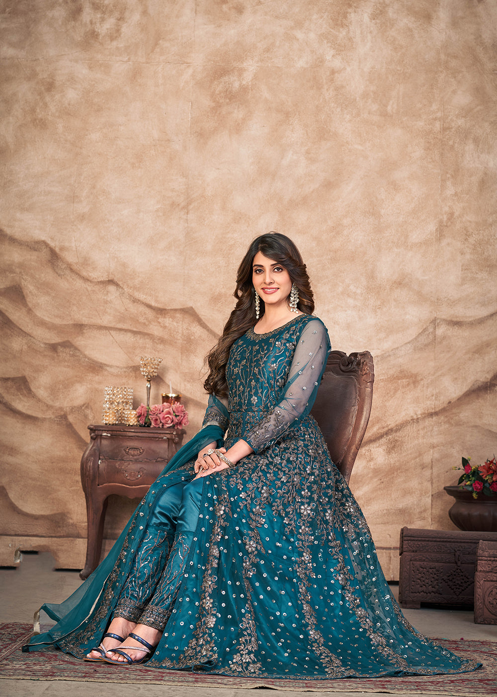 Buy Now Peacock Blue Net Embroidered Pant Style Anarkali Suit Online in USA, UK, Australia, New Zealand, Canada & Worldwide at Empress Clothing. 