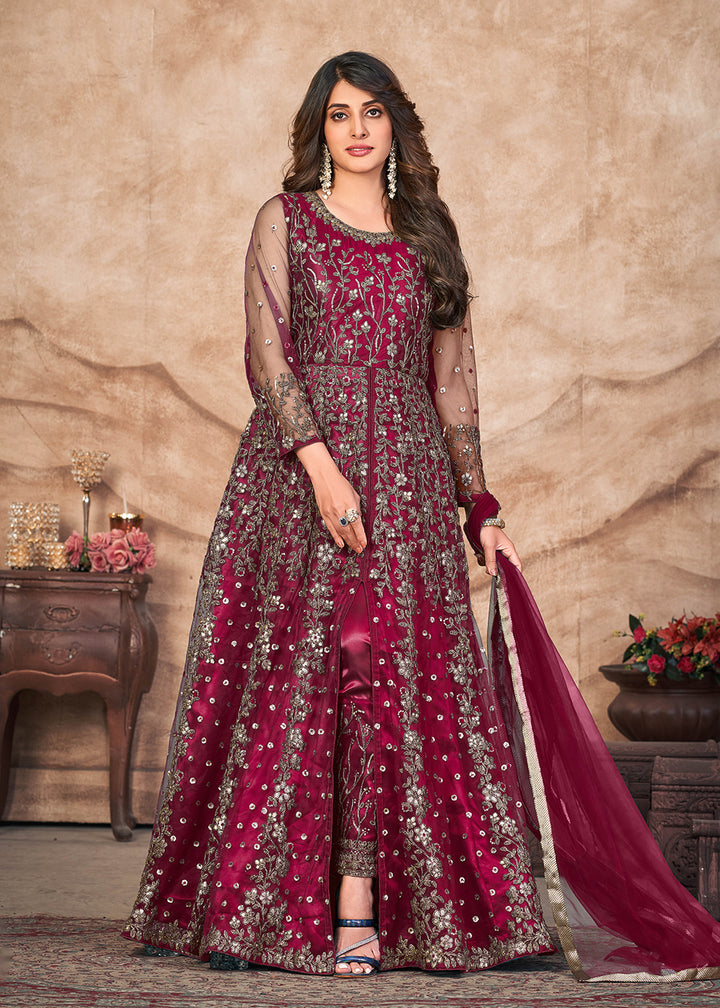Maroon Net Embroidered Pant Style Anarkali Suit