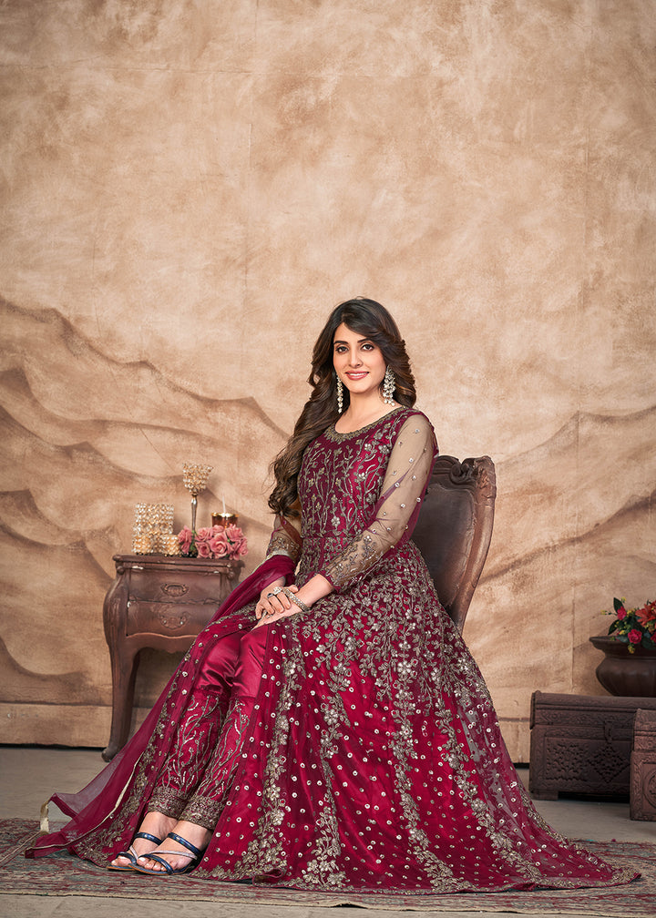 Maroon Net Embroidered Pant Style Anarkali Suit
