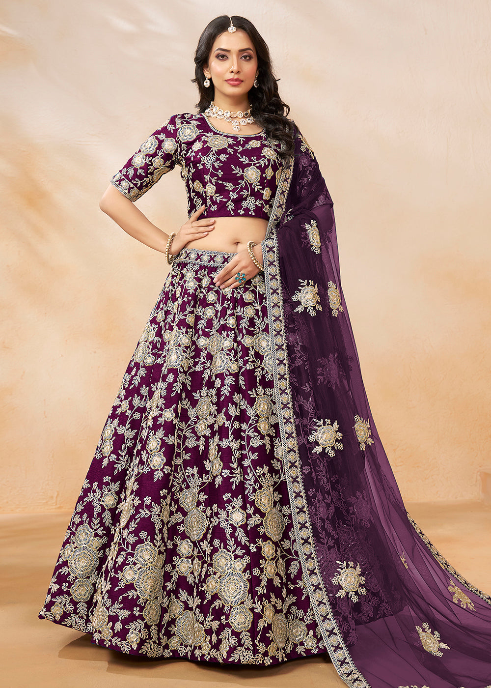 Buy Now Plum Wine Embroidered Art Silk Wedding Lehenga Choli Online in USA, UK, Canada, UAE & Worldwide at Empress Clothing.