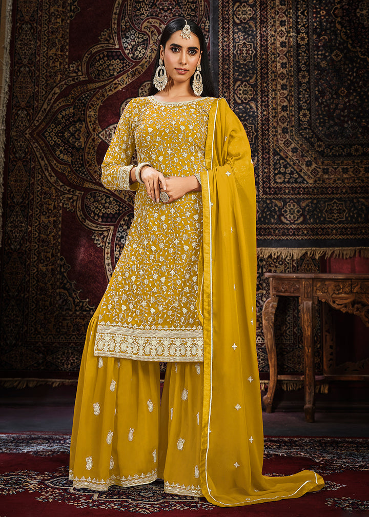 Buy Now Festive Yellow Color Faux Georgette Palazzo Suit Online in USA, UK, Canada, Germany, Australia & Worldwide at Empress Clothing. 