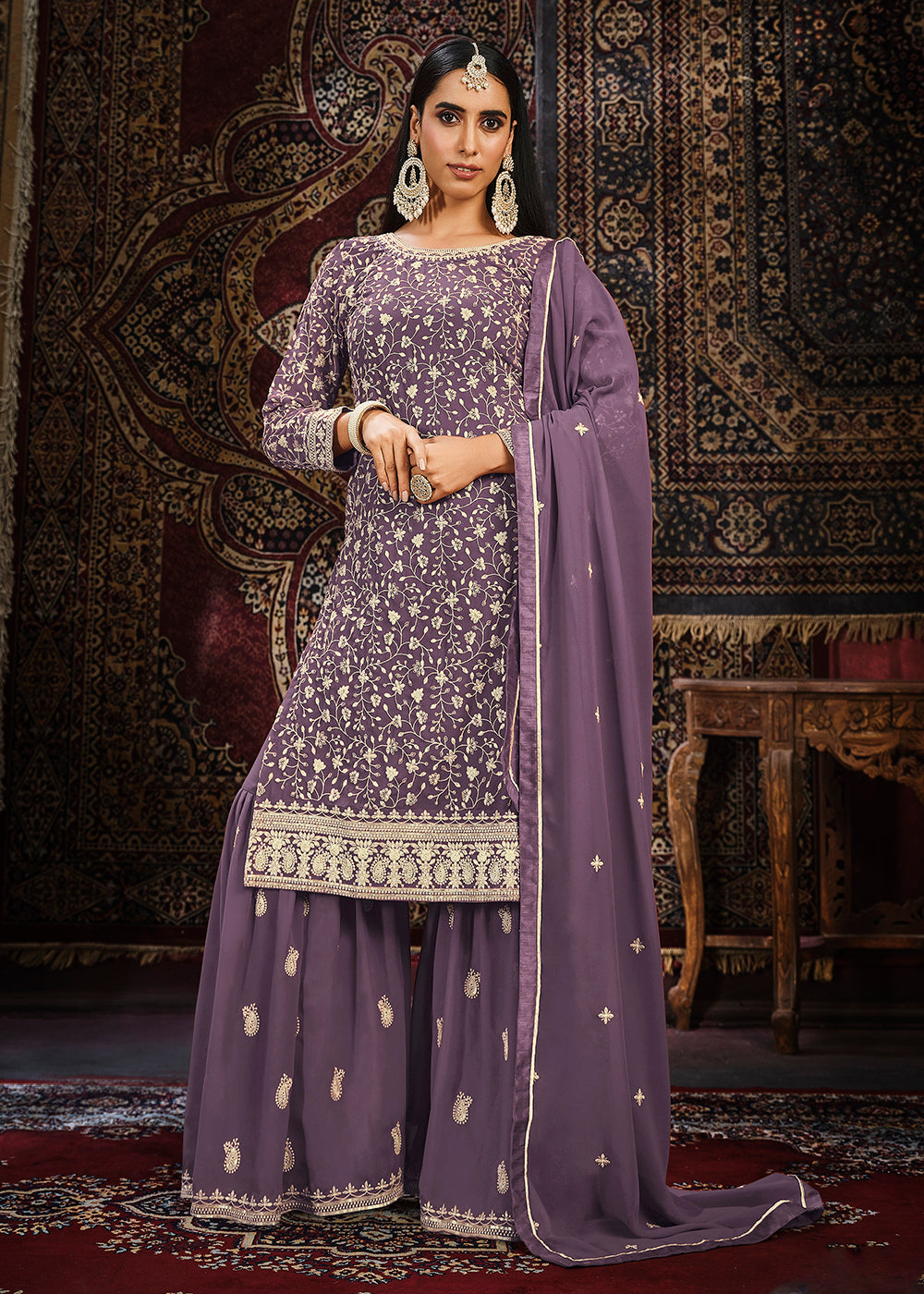 Buy Now Festive Purple Color Faux Georgette Palazzo Suit Online in USA, UK, Canada, Germany, Australia & Worldwide at Empress Clothing. 