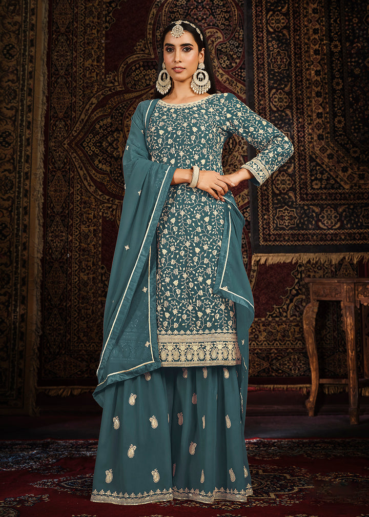 Buy Now Festive Dusty Teal Color Faux Georgette Palazzo Suit Online in USA, UK, Canada, Germany, Australia & Worldwide at Empress Clothing. 