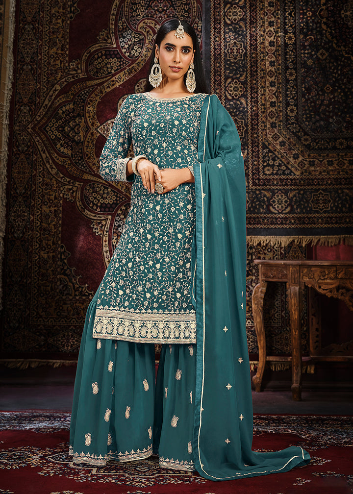 Buy Now Festive Dusty Teal Color Faux Georgette Palazzo Suit Online in USA, UK, Canada, Germany, Australia & Worldwide at Empress Clothing. 