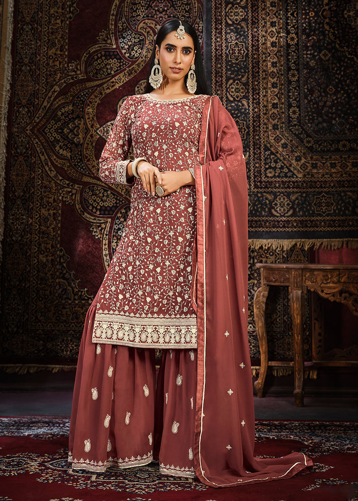 Buy Now Festive Rust Color Faux Georgette Palazzo Suit Online in USA, UK, Canada, Germany, Australia & Worldwide at Empress Clothing.