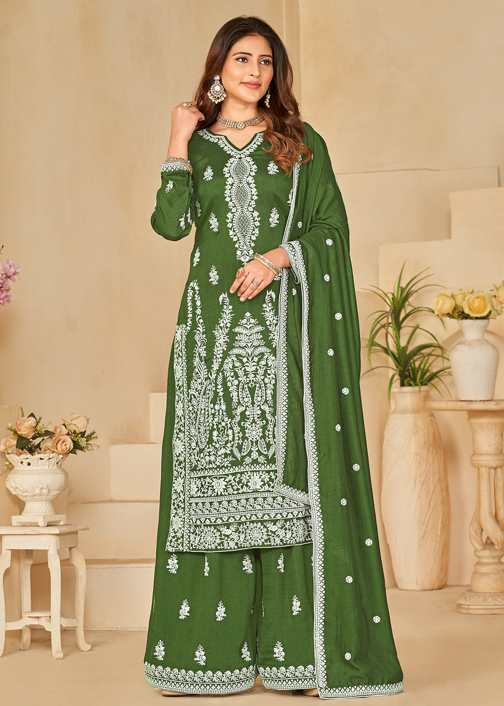 Buy Now Art Silk Pretty Green Embroidered Palazzo Style Suit Online in USA, UK, Canada, Germany, Australia & Worldwide at Empress Clothing.