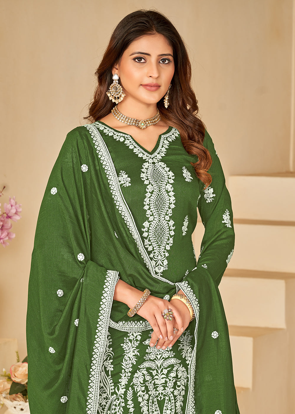 Buy Now Art Silk Pretty Green Embroidered Palazzo Style Suit Online in USA, UK, Canada, Germany, Australia & Worldwide at Empress Clothing.