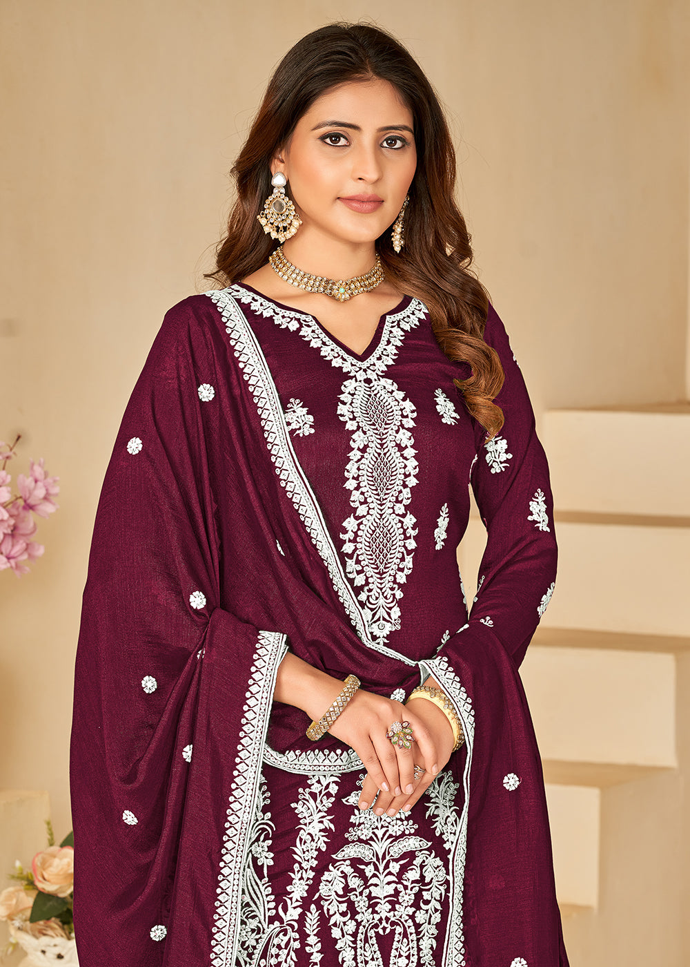 Buy Now Art Silk Pretty Wine Embroidered Palazzo Style Suit Online in USA, UK, Canada, Germany, Australia & Worldwide at Empress Clothing. 