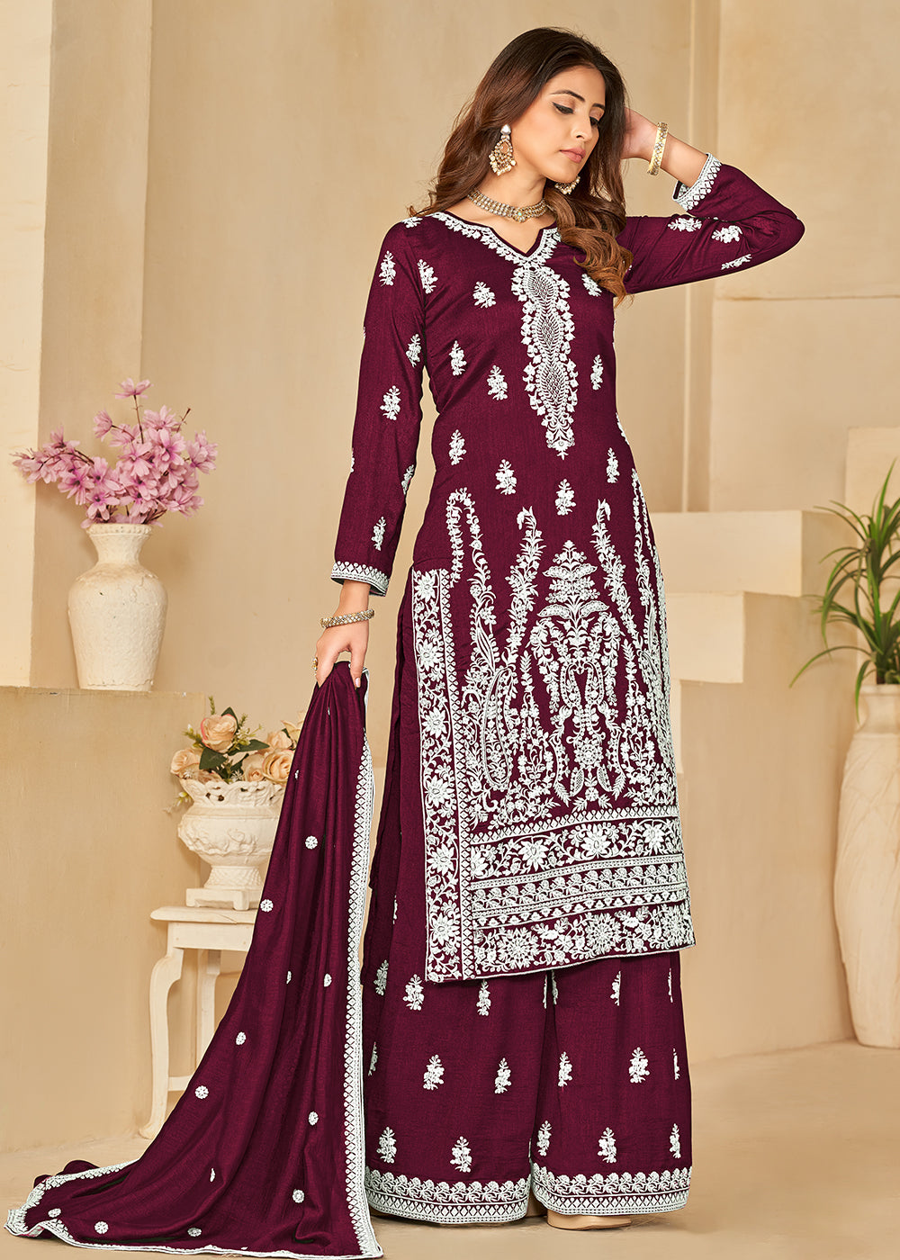 Buy Now Art Silk Pretty Wine Embroidered Palazzo Style Suit Online in USA, UK, Canada, Germany, Australia & Worldwide at Empress Clothing. 