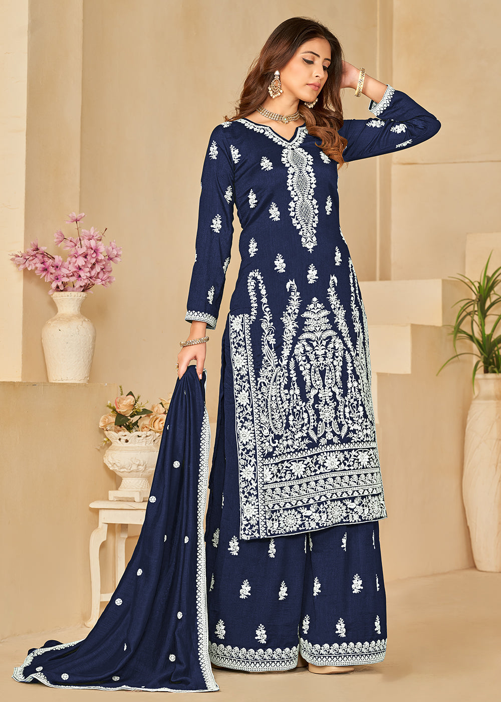 Buy Now Art Silk Pretty Blue Embroidered Palazzo Style Suit Online in USA, UK, Canada, Germany, Australia & Worldwide at Empress Clothing.