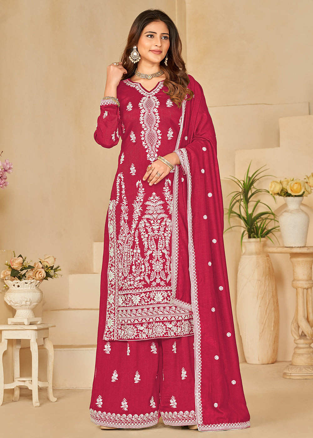 Buy Now Art Silk Pretty Pink Embroidered Palazzo Style Suit Online in USA, UK, Canada, Germany, Australia & Worldwide at Empress Clothing. 