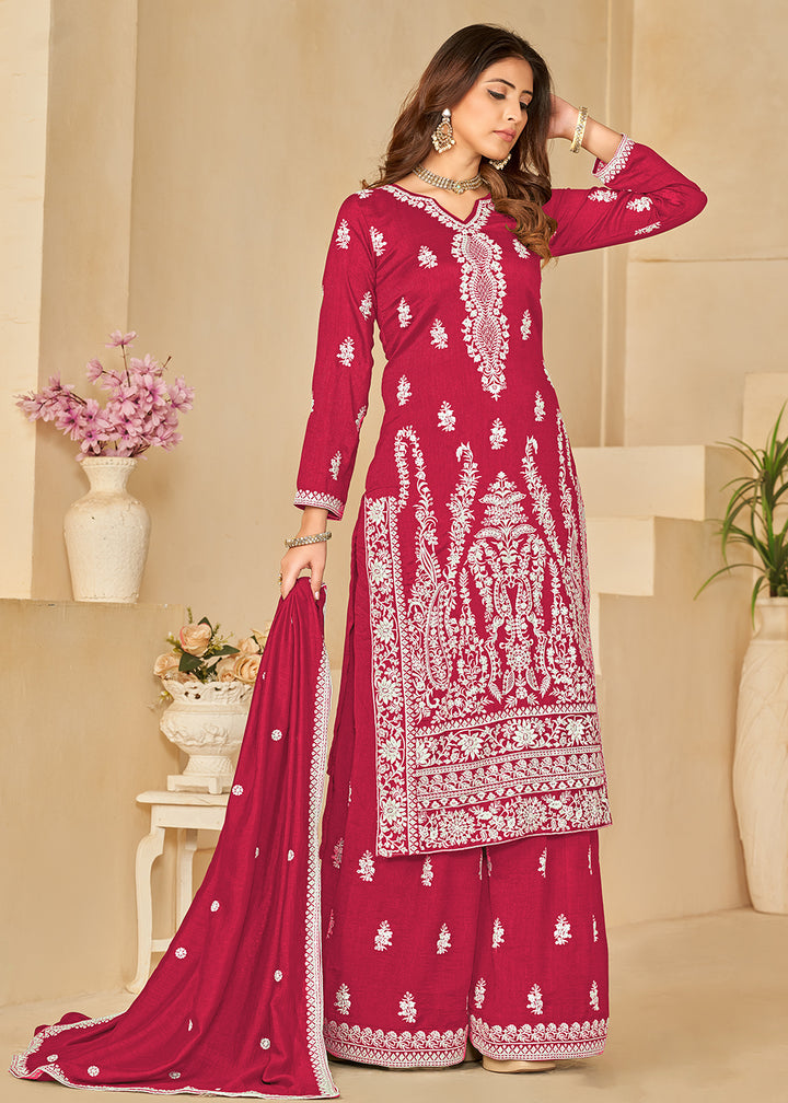 Buy Now Art Silk Pretty Pink Embroidered Palazzo Style Suit Online in USA, UK, Canada, Germany, Australia & Worldwide at Empress Clothing. 