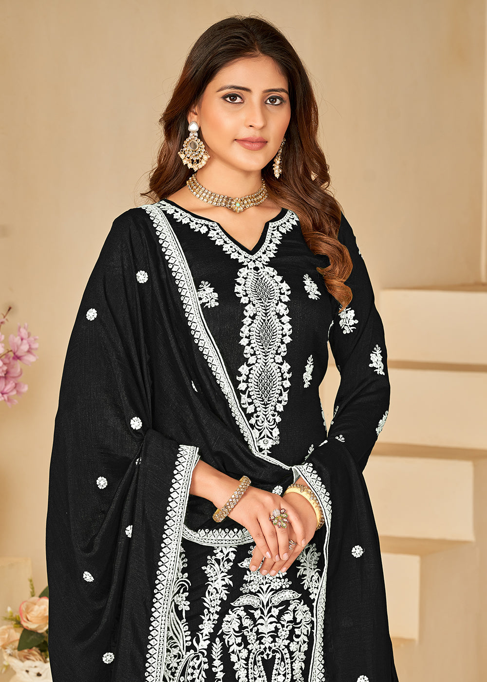 Buy Now Art Silk Pretty Black Embroidered Palazzo Style Suit Online in USA, UK, Canada, Germany, Australia & Worldwide at Empress Clothing.