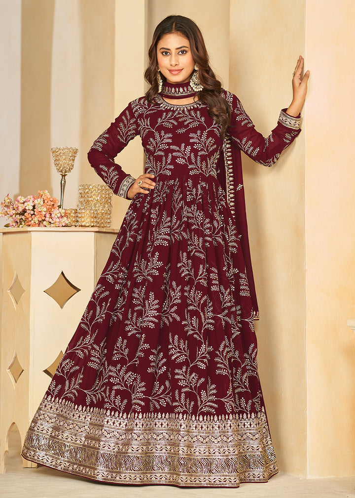Buy Now Embroidered Lovely Maroon Georgette Wedding Anarkali Suit Online in USA, UK, Australia, New Zealand, Canada & Worldwide at Empress Clothing.