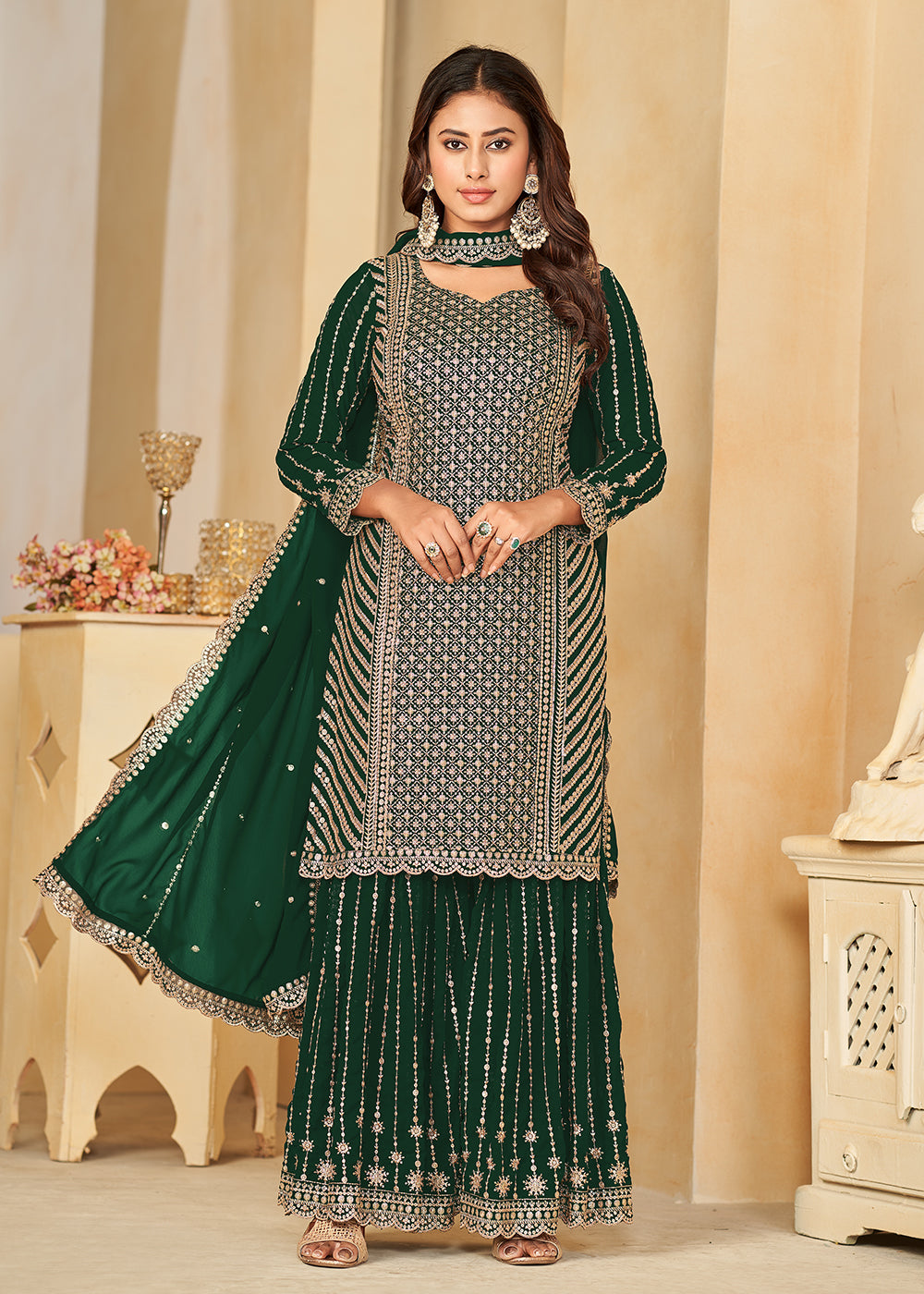 Buy Now Mesmeric Green Faux Georgette Palazzo Suit with Embroidery Online in USA, UK, Canada, Germany, Australia & Worldwide at Empress Clothing. 