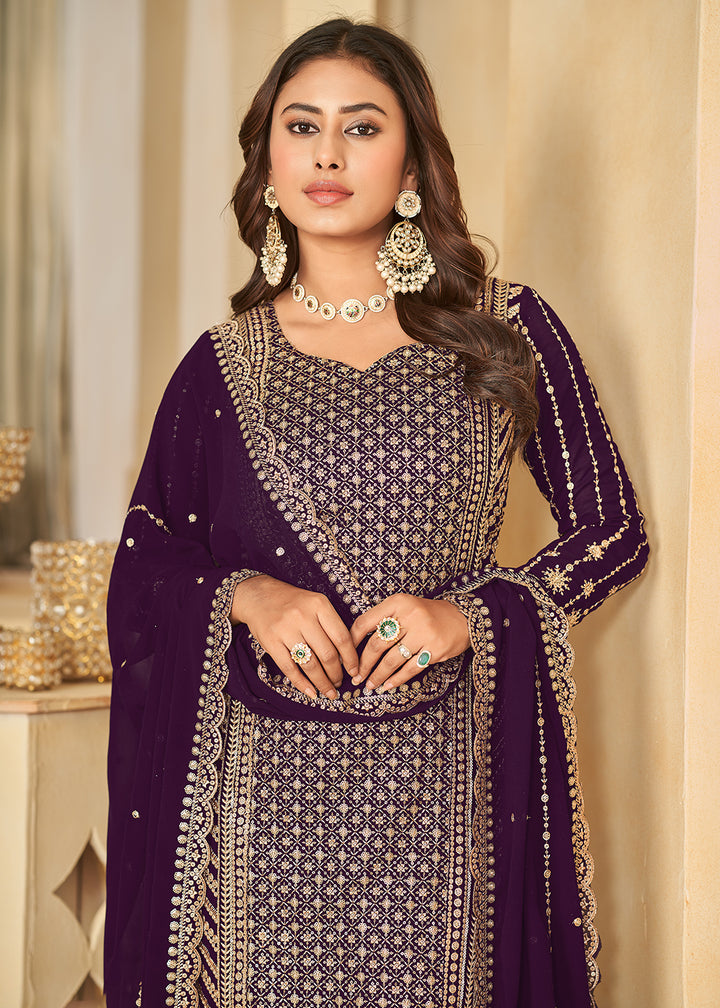 Buy Now Mesmeric Purple Faux Georgette Palazzo Suit with Embroidery Online in USA, UK, Canada, Germany, Australia & Worldwide at Empress Clothing. 