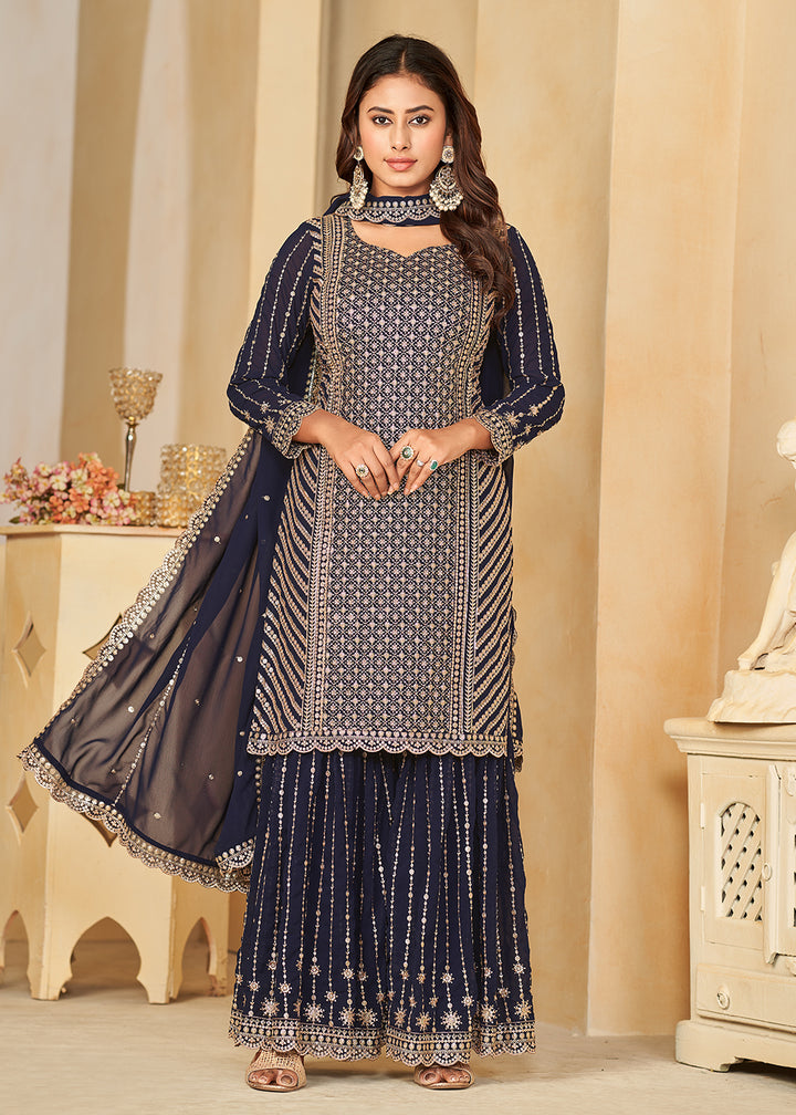 Buy Now Mesmeric Blue Faux Georgette Palazzo Suit with Embroidery Online in USA, UK, Canada, Germany, Australia & Worldwide at Empress Clothing. 