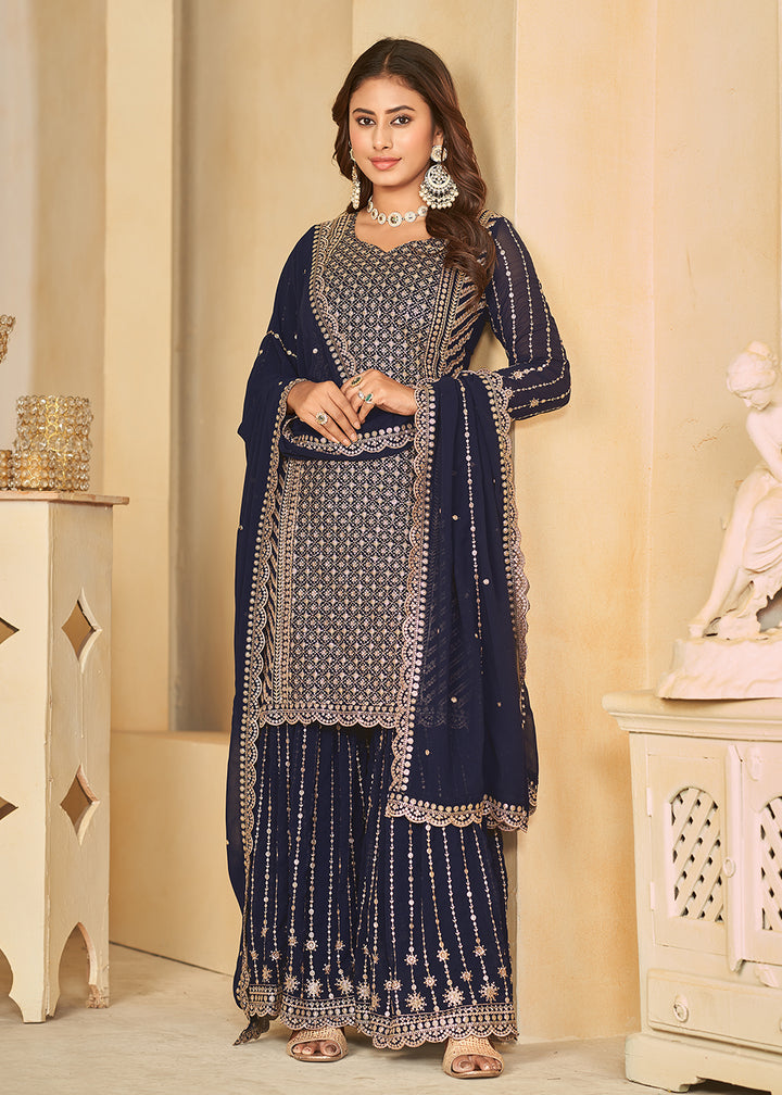 Buy Now Mesmeric Blue Faux Georgette Palazzo Suit with Embroidery Online in USA, UK, Canada, Germany, Australia & Worldwide at Empress Clothing. 