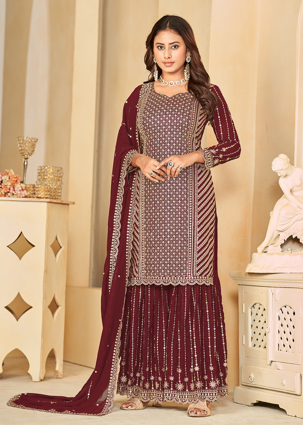 Fabulous Blooming Vichitra Embroidery Work Party Wear Salwar Suit Maroon  Color DN 118