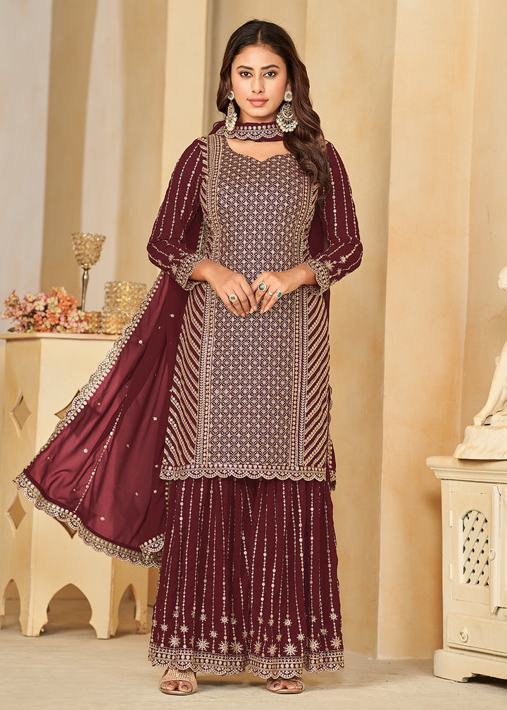 Buy Now Mesmeric Maroon Faux Georgette Palazzo Suit with Embroidery Online in USA, UK, Canada, Germany, Australia & Worldwide at Empress Clothing.