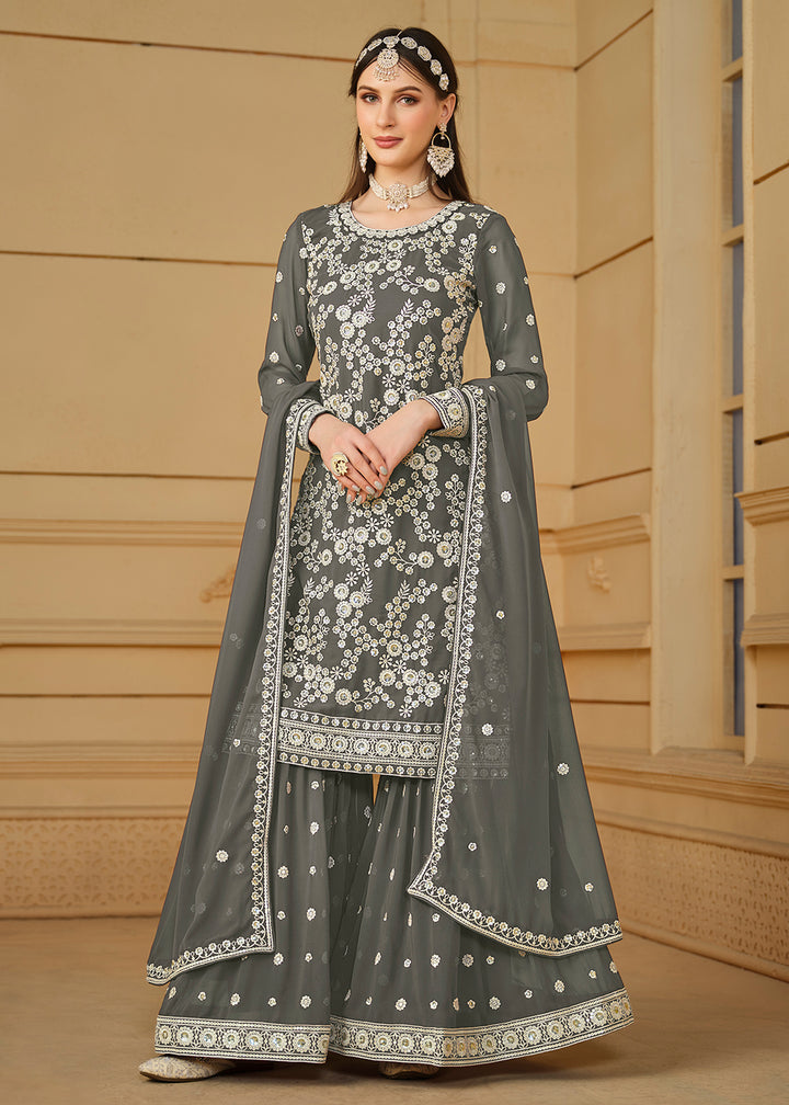 Shop Now Stone Grey Embroidered Georgette Gharara Style Suit Online at Empress Clothing in USA, UK, Canada, Italy & Worldwide. 