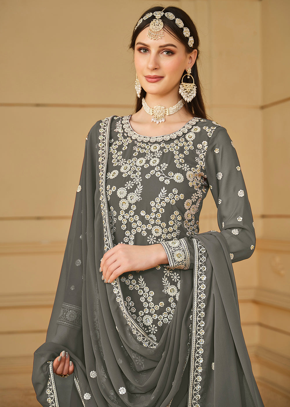 Shop Now Stone Grey Embroidered Georgette Gharara Style Suit Online at Empress Clothing in USA, UK, Canada, Italy & Worldwide. 