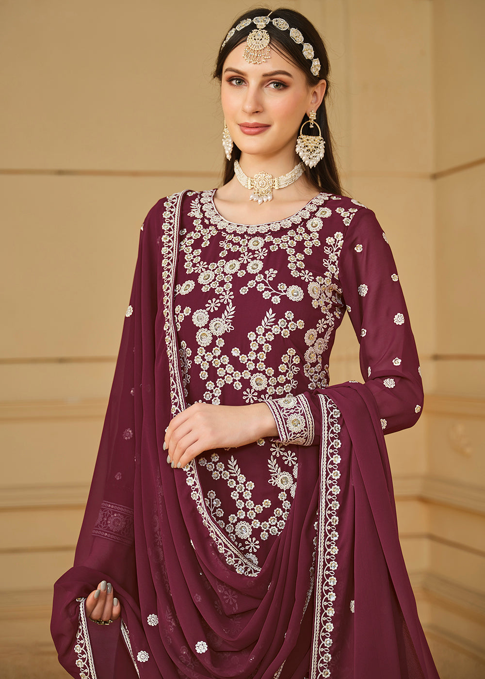 Shop Now Burgundy Wine Embroidered Georgette Gharara Style Suit Online at Empress Clothing in USA, UK, Canada, Italy & Worldwide. 