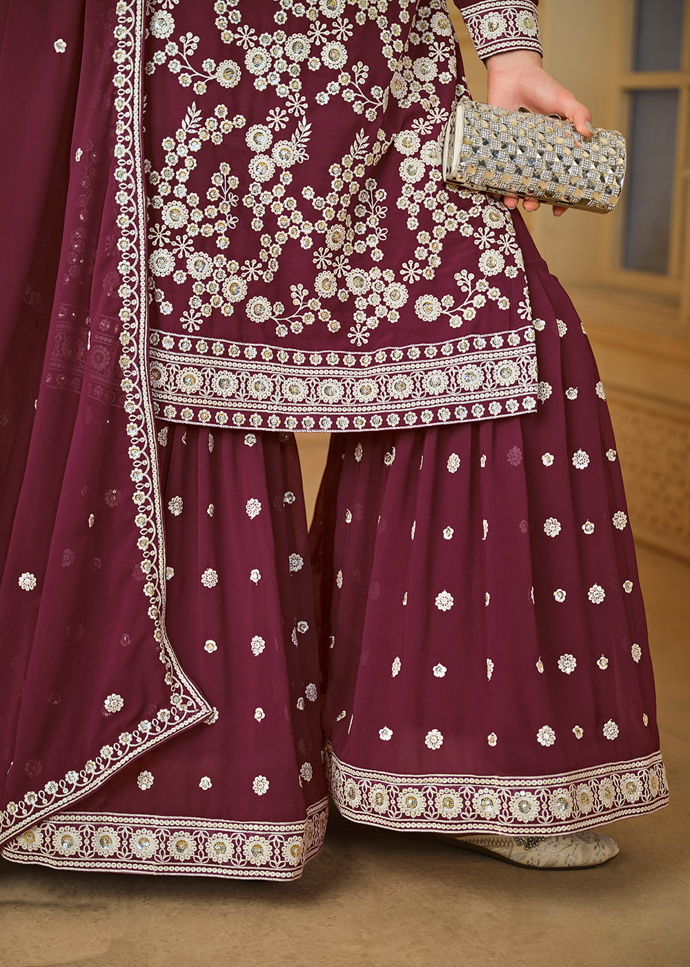 Shop Now Burgundy Wine Embroidered Georgette Gharara Style Suit Online at Empress Clothing in USA, UK, Canada, Italy & Worldwide. 