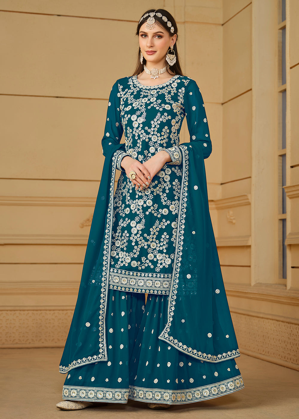 Shop Now Turquoise Blue Embroidered Georgette Gharara Style Suit Online at Empress Clothing in USA, UK, Canada, Italy & Worldwide.
