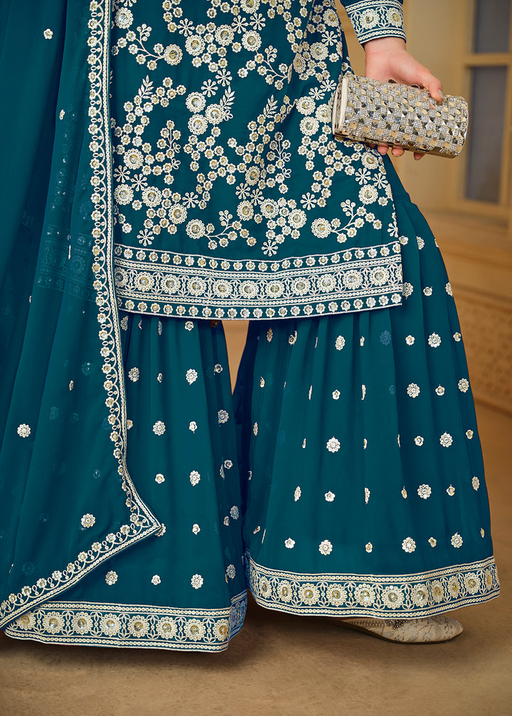Shop Now Turquoise Blue Embroidered Georgette Gharara Style Suit Online at Empress Clothing in USA, UK, Canada, Italy & Worldwide.