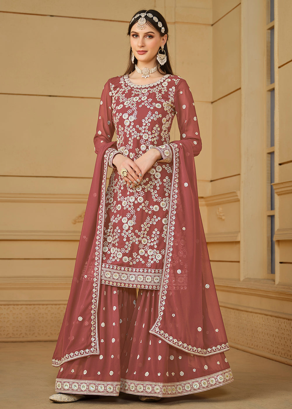Shop Now Rust Brown Embroidered Georgette Gharara Style Suit Online at Empress Clothing in USA, UK, Canada, Italy & Worldwide.