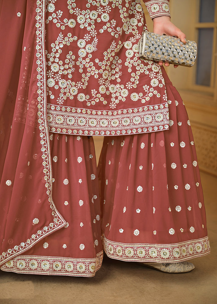 Shop Now Rust Brown Embroidered Georgette Gharara Style Suit Online at Empress Clothing in USA, UK, Canada, Italy & Worldwide.