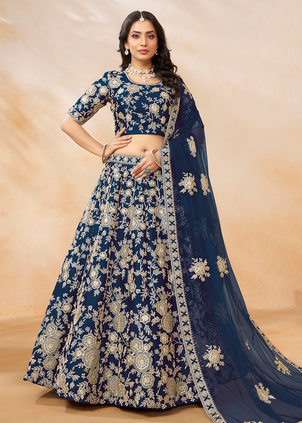 Buy Now Navy Blue Embroidered Art Silk Wedding Lehenga Choli Online in USA, UK, Canada, UAE & Worldwide at Empress Clothing