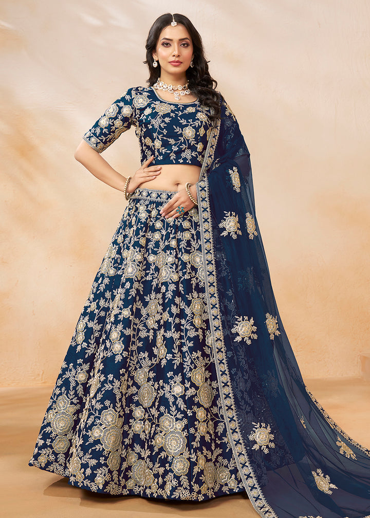 Buy Now Navy Blue Embroidered Art Silk Wedding Lehenga Choli Online in USA, UK, Canada, UAE & Worldwide at Empress Clothing