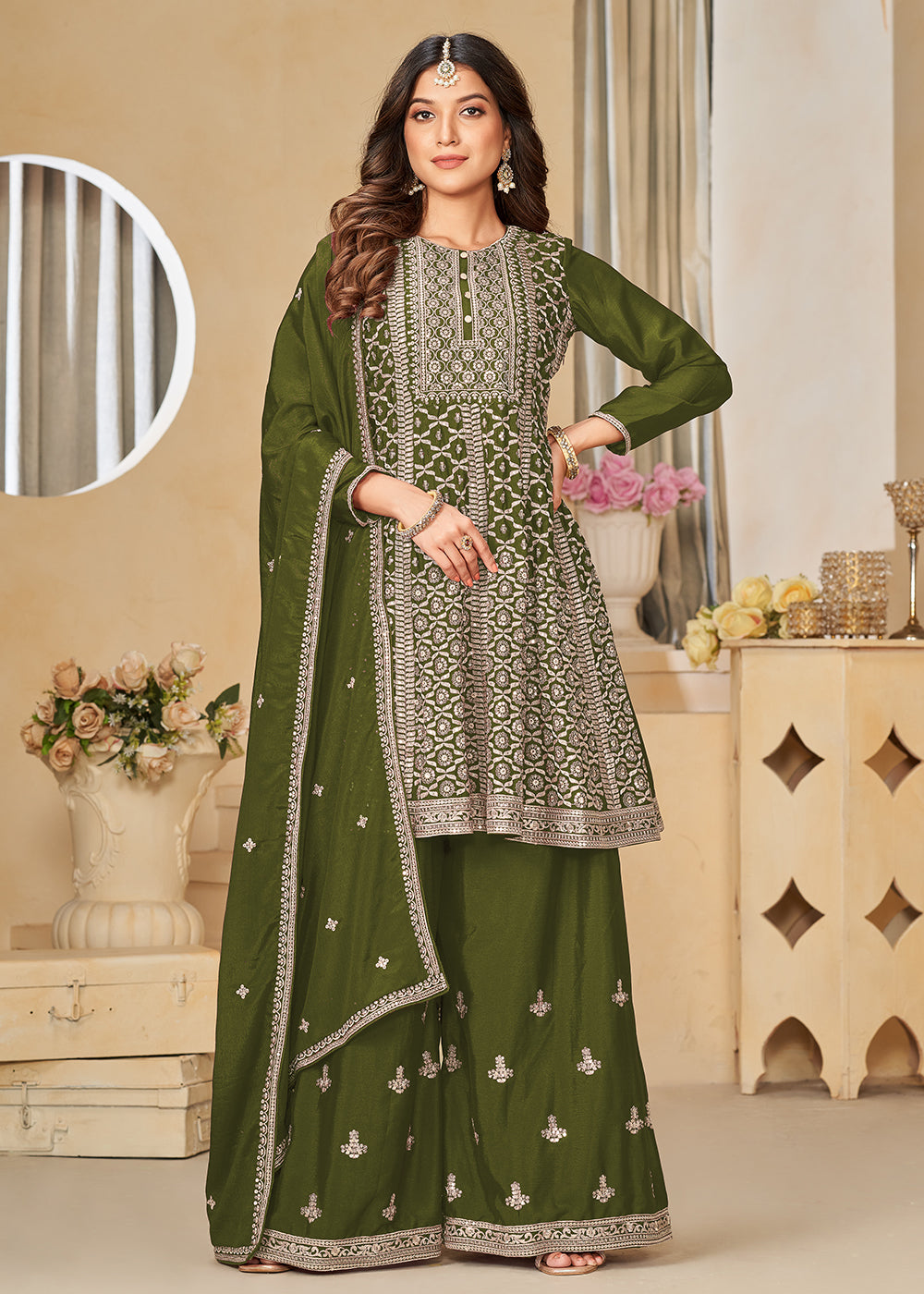 Buy Now Chinnon Olive Green Embroidered Palazzo Salwar Suit Online in USA, UK, Canada, Germany, Australia & Worldwide at Empress Clothing. 