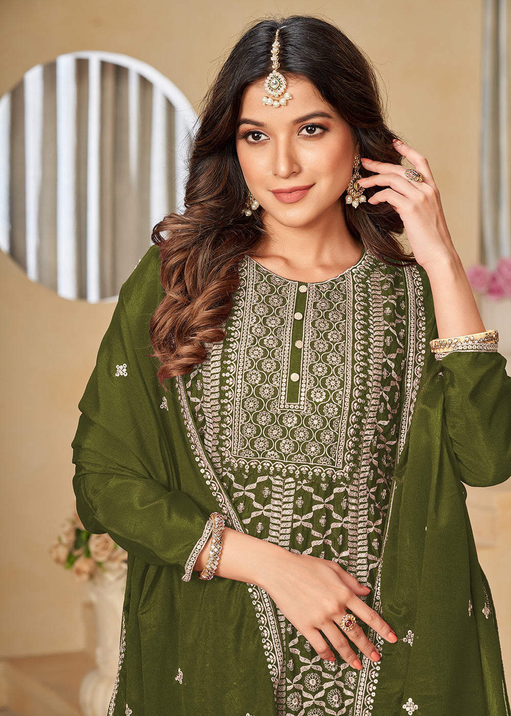 Buy Now Chinnon Olive Green Embroidered Palazzo Salwar Suit Online in USA, UK, Canada, Germany, Australia & Worldwide at Empress Clothing. 