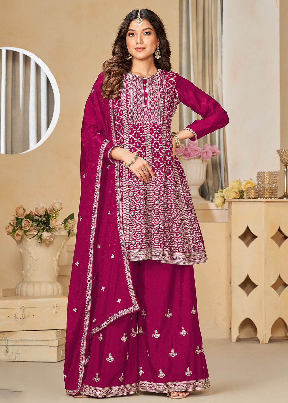 Buy Now Chinnon Rani Pink Embroidered Palazzo Salwar Suit Online in USA, UK, Canada, Germany, Australia & Worldwide at Empress Clothing. 