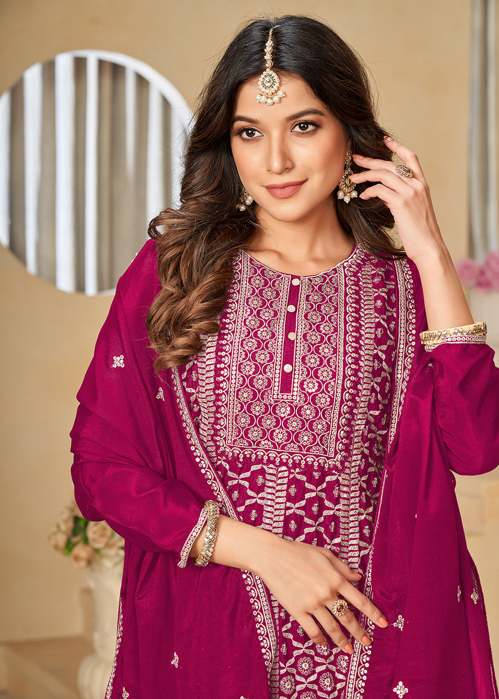Buy Now Chinnon Rani Pink Embroidered Palazzo Salwar Suit Online in USA, UK, Canada, Germany, Australia & Worldwide at Empress Clothing. 