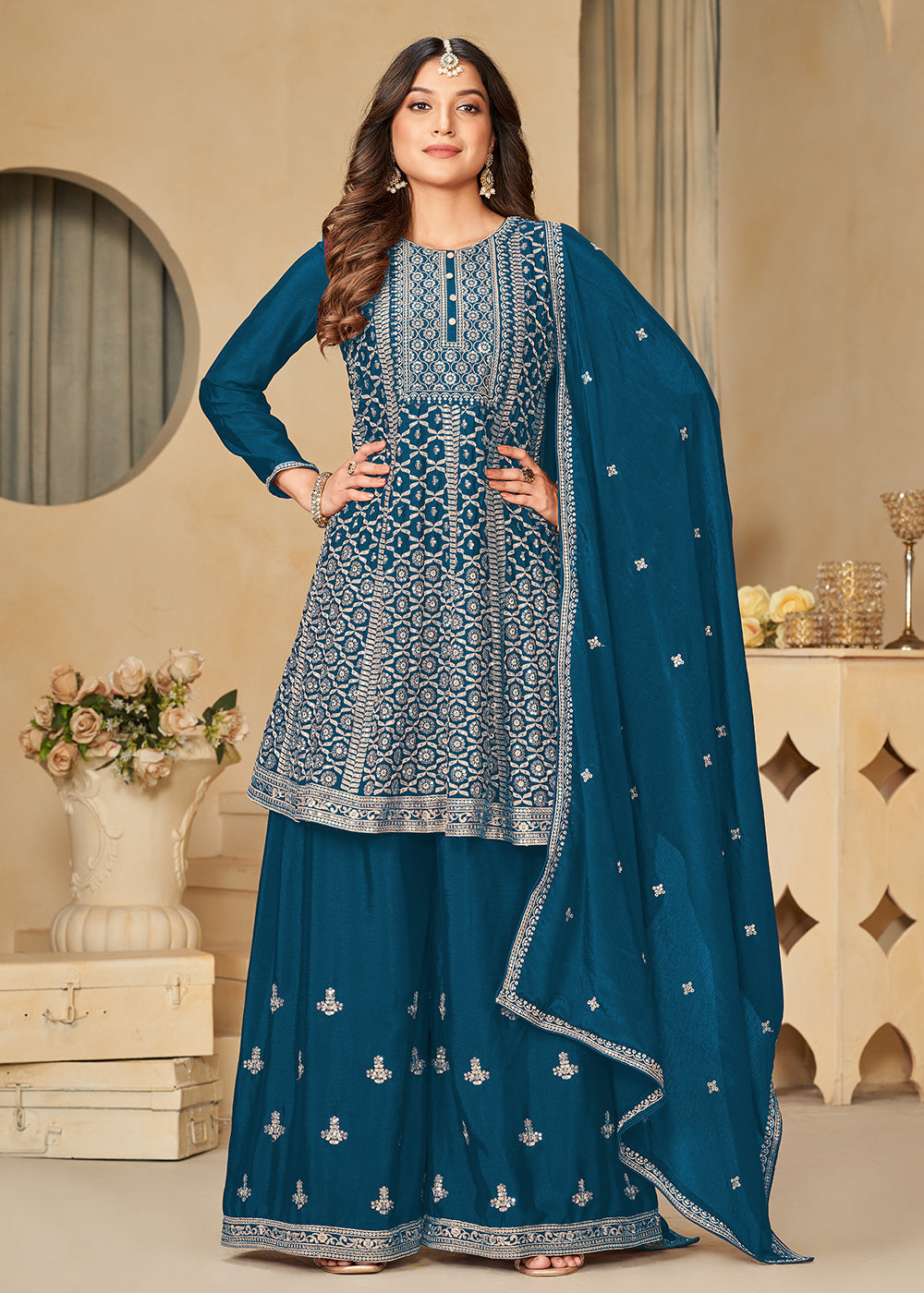 Buy Now Chinnon Peacock Blue Embroidered Palazzo Salwar Suit Online in USA, UK, Canada, Germany, Australia & Worldwide at Empress Clothing. 