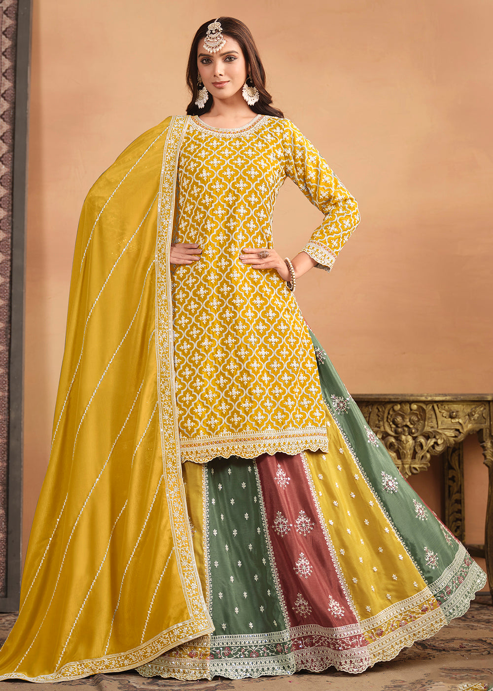 Buy Now Chinnon Yellow Multicolor Embroidered Lehenga Style Suit Online in USA, UK, Canada, Germany, Australia & Worldwide at Empress Clothing. 