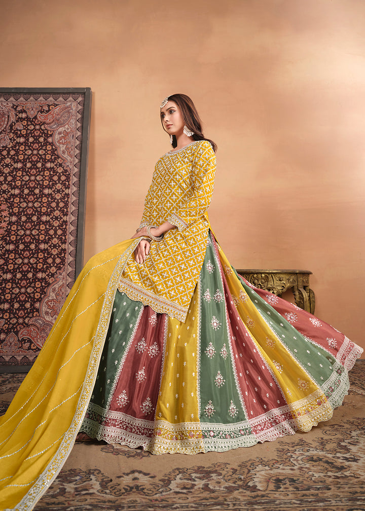 Buy Now Chinnon Yellow Multicolor Embroidered Lehenga Style Suit Online in USA, UK, Canada, Germany, Australia & Worldwide at Empress Clothing. 