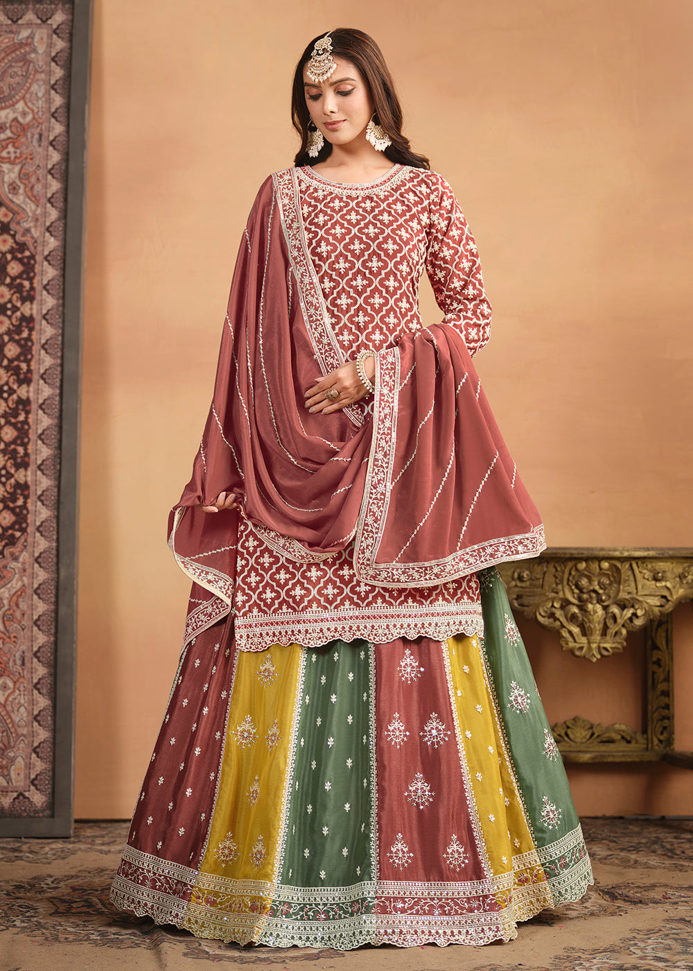 Buy Now Chinnon Peach Multicolor Embroidered Lehenga Style Suit Online in USA, UK, Canada, Germany, Australia & Worldwide at Empress Clothing.